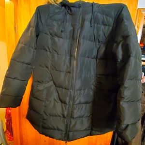 Ruff Hewn Womens 1X Black Down puffer jacket faux fur trim hood w/zipper closure